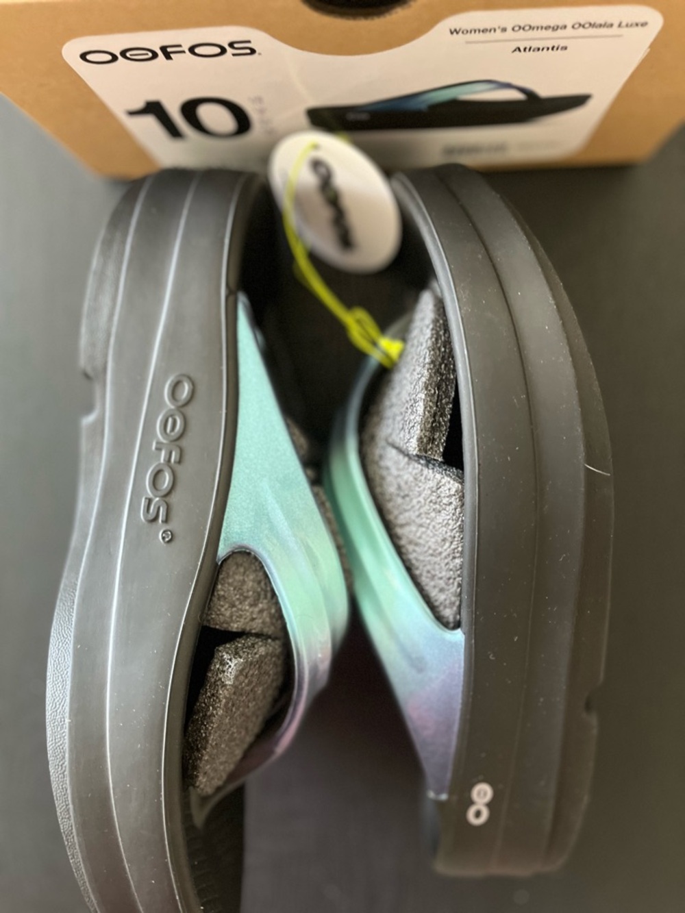 OOFOS Women’s Luxe Atlantis Sandals with Iridescent Teal-Blue Strap